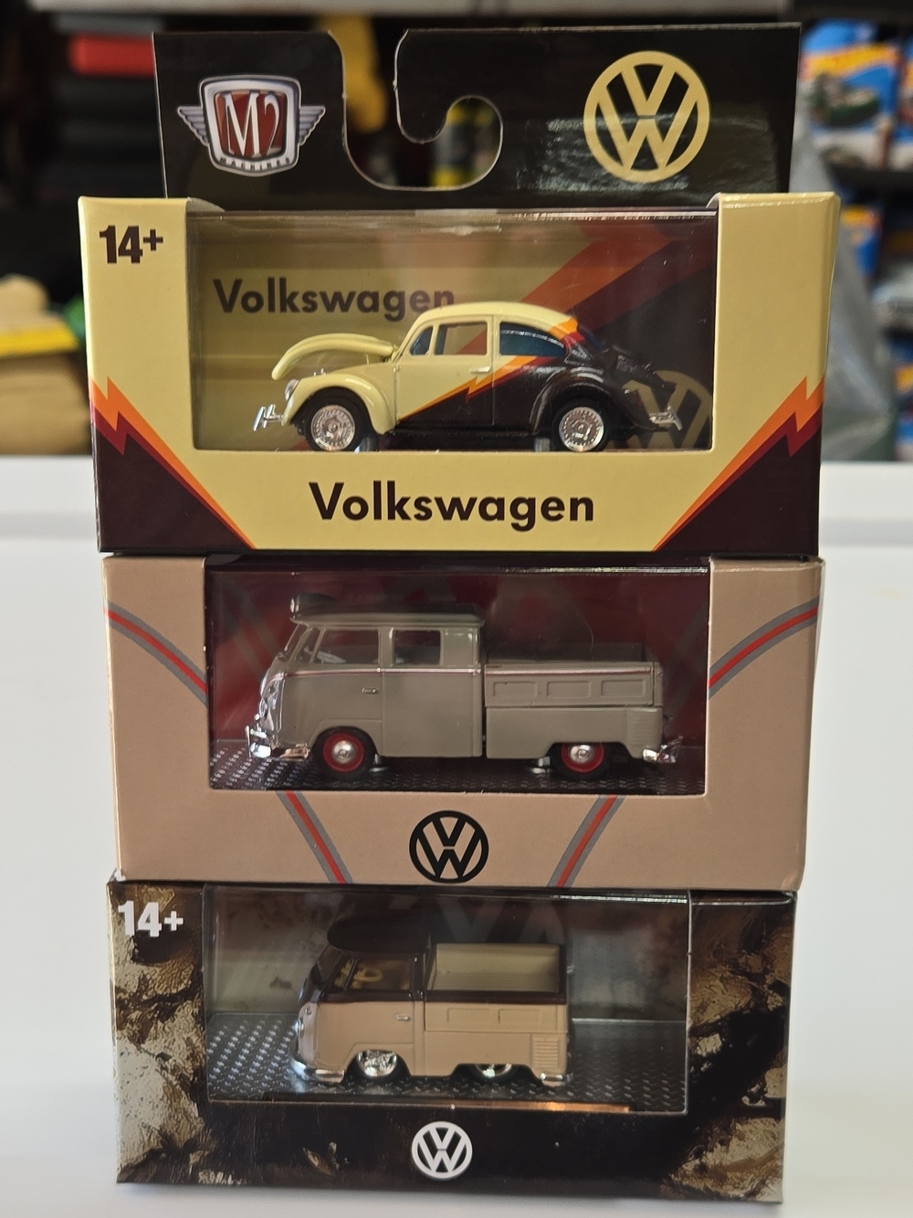Volkswagen Die-Cast Car Set - Beige & Black Classic Beetle with Orange Stripe